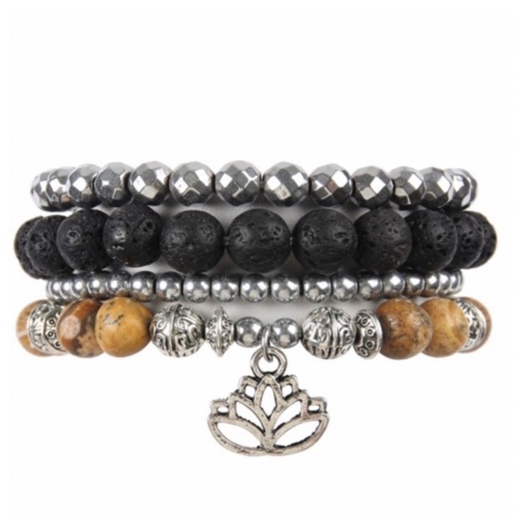 New Brown And Silver Tone Multi Layered Beaded Lotus Charm Stack Boho Bracelets - Picture 2 of 4